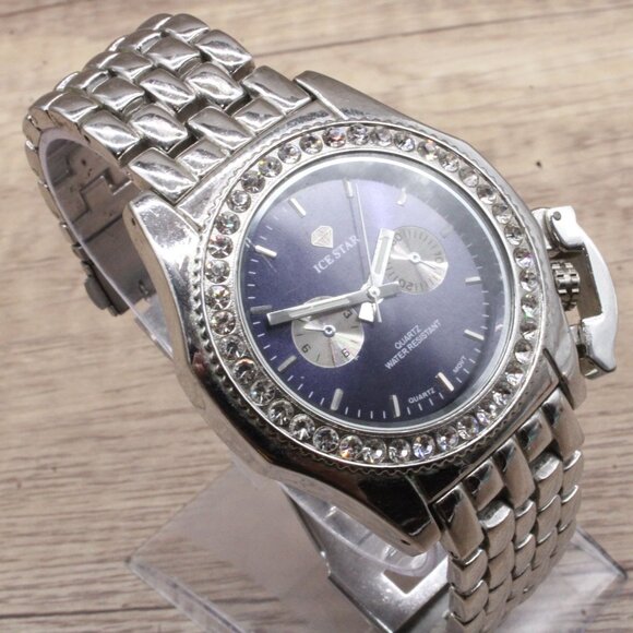 ICE STAR Chronograph Watch Mens Silver Tone Stainless Steel Rhinestones Dial - Picture 5 of 9